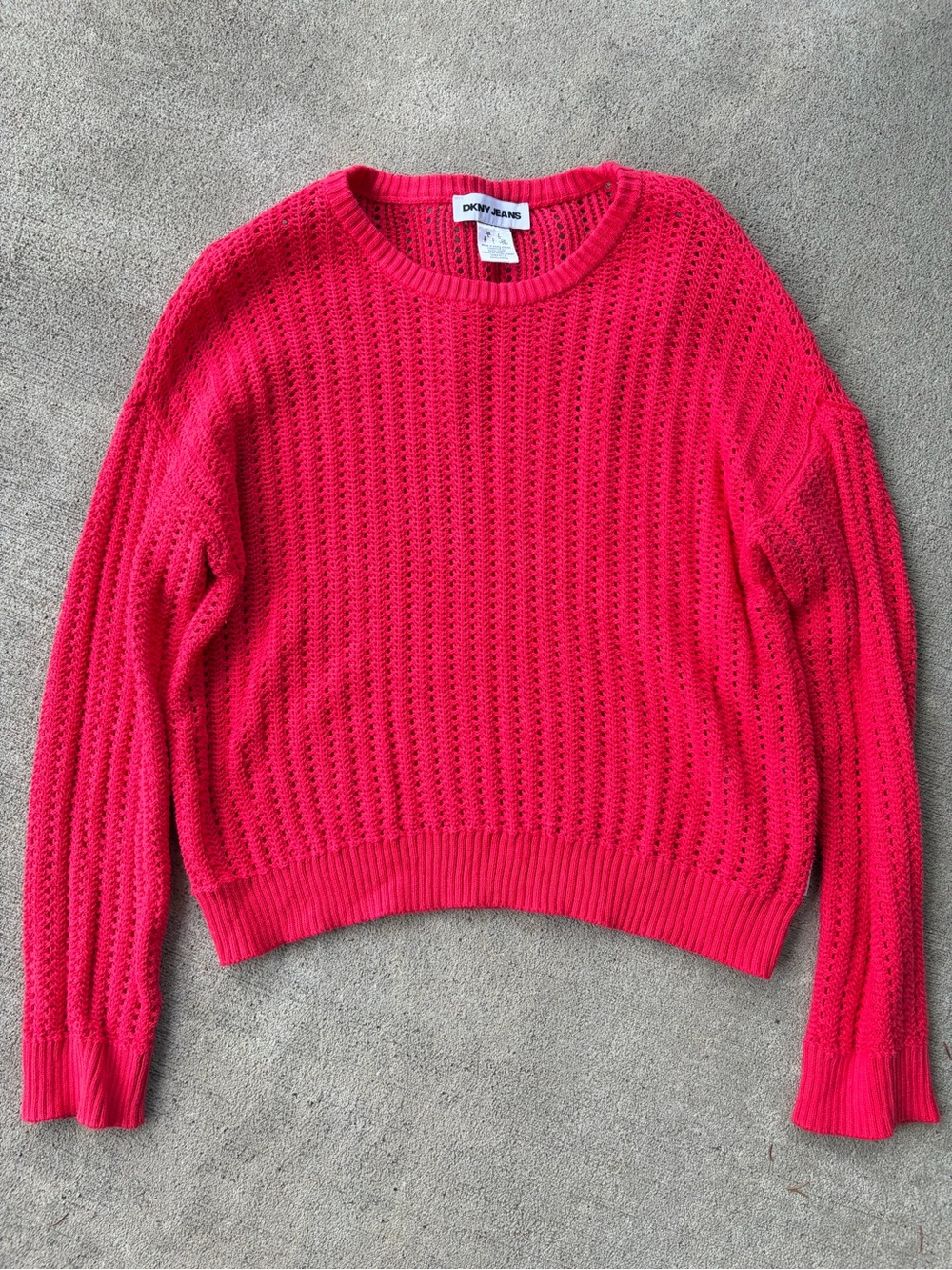 DKNY crochet open knit bright red pink sweater jumper long sleeve top